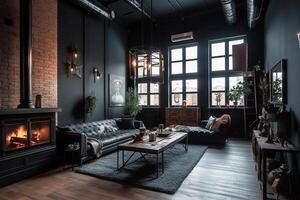 Interior of the living room, loft in an industrial style. photo