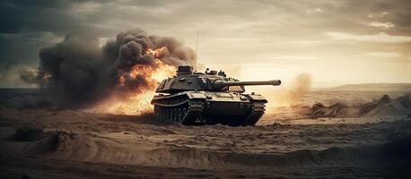 armored tank crossing a minefield during a military invasion epic scene of fire and some in the desert, wide poster design. photo