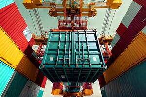 Port crane Stacks large shipping containers. The concept of freight delivery and logistics. CARGO. Generative AI photo