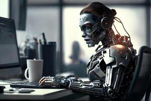A female robot works at the computer in the office. Artificial intelligence system ChatGPT, Chat Bot AI , smart robot technology. photo