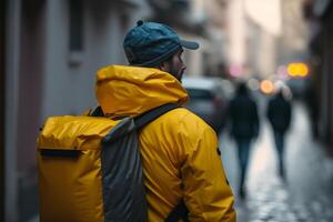 Black man, Yellow Jacket Food Delivery Man in town. photo