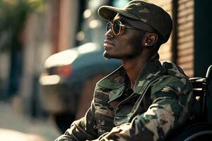 A dark-skinned young man, a military man, disabled in uniform and in a wheelchair on a city street. An American hero. photo