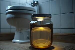 Urine test, a jar of urine stands by the toilet in the toilet. photo