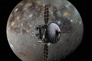 A modern, technologically advanced artificial satellite against the backdrop of Planet Mercury. photo