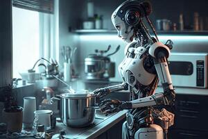 A female robot in the kitchen, a domestic helper. Housekeeper. photo