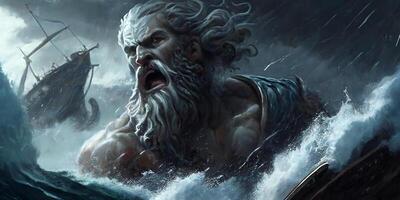 Poseidon in a rage sinks the ship during a violent storm. Art composition. photo