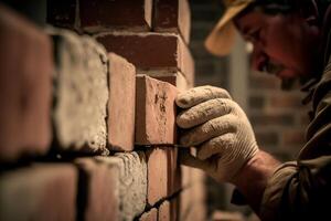 un obrero, masculino, es tendido un ladrillo pared adentro. trabajo proceso. generativo ai foto