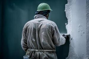 A worker, a man wearing a construction helmet plastering a wall at a construction site. The work process. photo