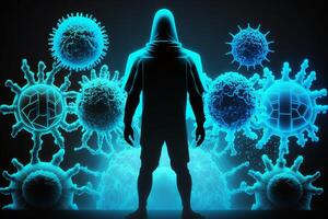 The human immune system, protection against viruses and bacteria. Various forms of bacteria and virus cells next to a human silhouette, neon blue. photo