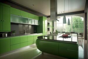 Modern kitchen interior, kitchen room with a table in the middle in green. photo