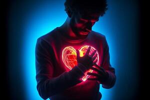 un hombre cubre su manos con su corazón iluminado en rojo. prevención de cardiovascular enfermedad. generativo ai foto