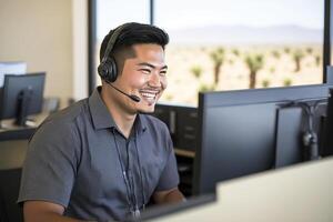 El japones hombre es sonriente, sentado a su escritorio vistiendo un auriculares. trabajando en un llamada centro. generativo ai. foto