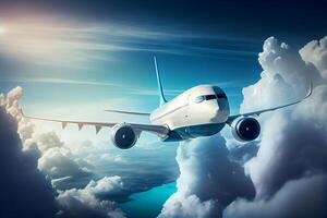 A white plane in flight over the clouds. Generative AI photo