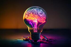 The human brain is inside a light bulb. Creative neon brain glow. photo