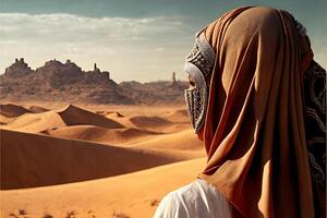 un árabe mujer en un Pañuelo, en la foto en un hiyab, mirando fuera terminado un arenoso Desierto con barchanes. generativo ai