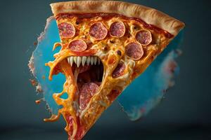 Monster Pizza. A large triangular slice of pizza with teeth. The concept of not eating right. photo