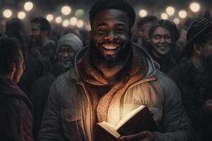 un joven de piel oscura hombre sonrisas y lee un libro, un Biblia ese calienta él con sus adivinar brillo. generativo ai foto