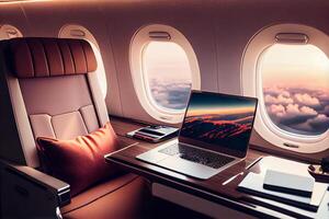 Deluxe Seat in the business class of the aircraft, workplace in the business jet, no people. photo