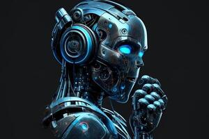 Artificial intelligence, a thinking robot in neon colors on a black background. photo
