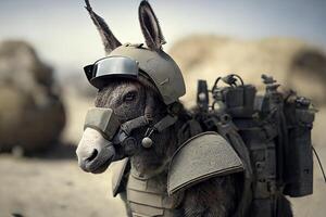 Burro soldado en casco y reproches chaqueta en un montañoso área. generativo ai foto