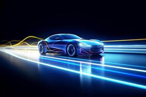 Racing car in neon colors in motion. Street racing. Art. photo