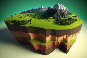 3d tierra con montaña aislado , pedazo de tierra tierra verde campo. generar ai foto