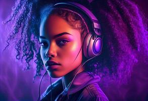 Stylish fashion african american teenager model wearing headphones listening dj music dancing in purple neon lights. Generate Ai photo