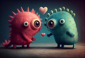Cute love monster illustrations with hearts. Generate Ai photo