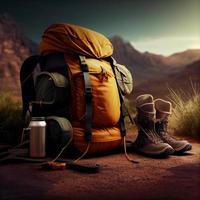 Travel bags in front of a camping tent, hiking gear.. Generate Ai photo