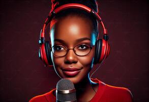 joven africano americano mujer en rojo camiseta, radio anfitrión con auriculares y micrófono, retrato . generar ai. foto