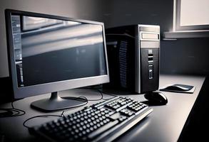 Disparo de un escritorio computadora y teclado y ratón en el creativo moderno oficina.generar ai foto