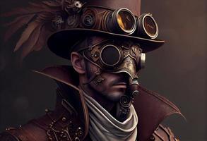 un hombre vistiendo un Steampunk sombrero y un Steampunk mascarilla, fantasía arte, steampunk generar ai foto