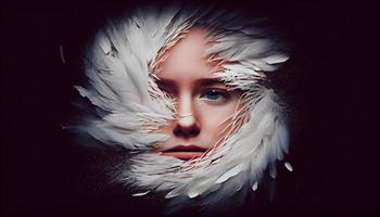 A woman's face sticking out in the middle of all the goose white feather. Generate Ai photo