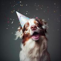 Cute dog with a party hat celebrating her birthday, confetti falling. Generate Ai photo