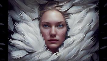 A woman's face sticking out in the middle of all the goose white feather. Generate Ai photo