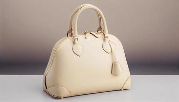 Beautiful trendy smooth youth women's handbag in cream color on a studio background . Generate Ai. photo