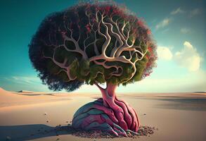 Tree in the shape of brain thinks and childrens to environmental solution. Generate Ai. photo