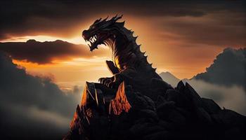 Big dragon-bear on top of a mountain at sunset. Generate Ai. photo