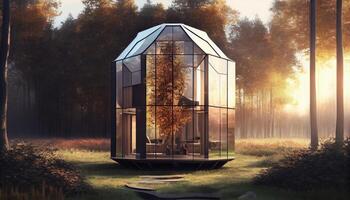 Glass house of the future made of wood and glass. Generate Ai. photo