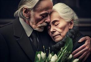 Senior man standing with attractive woman holding flowers on funeral. Generate Ai. photo