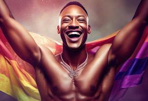Happy African gay man celebrating pride festival - LGBTQ community concept. Generate Ai. photo