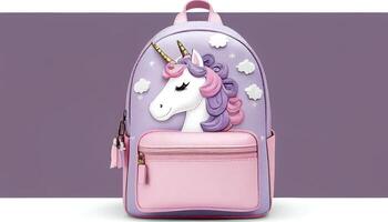 frio unicornio niños muchachas cuero mochila con decorativo nubes y estrellas. generar ai. foto