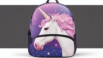 frio unicornio niños muchachas cuero mochila con decorativo nubes y estrellas. generar ai. foto