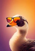 Creative animal composition. Goose wearing shades sunglass eyeglass isolated. Pastel gradient background. With text copy space. Generate Ai photo