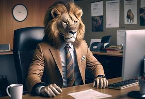 Lion wearing suit in office , Businessman lion sitting at office. Generate Ai photo