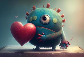 Cute love monster with heart, illustrations. Generate Ai photo