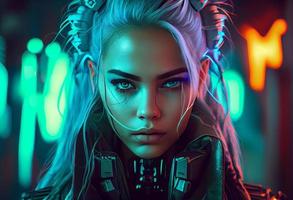 Photo cyberpunk woman portrait futuristic neon style. Generate Ai