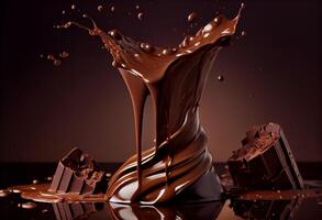 Chocolates dropping into liquid cacao chocolate. Generate Ai. photo