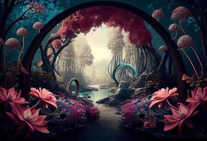 Photo fantasy landscape magical forest background with big flower. Generate Ai