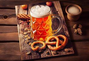 Beer and Pretzel on wooden background, Oktoberfest. Generate Ai. photo